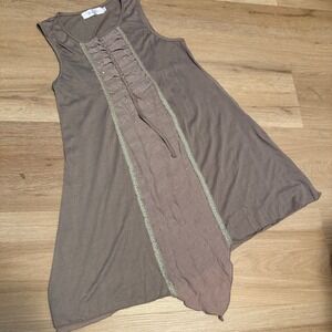 Pretty Angel Womens Taupe Brown Rhinestone Lace Sheer Asymmetrical Tunic Top L